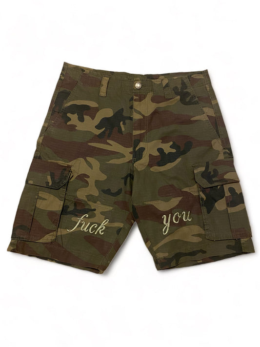 Camo “F^ck you” cargo shorts